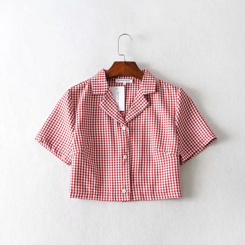 BerryBetty - Summer blouse women vintage crop shirt streetwear plaid ladies tops elegant button up shirt korean crop top red