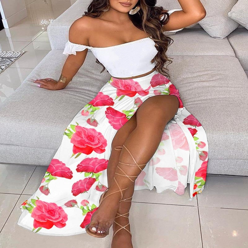 BerryBetty - Off Shoulder Women Two Piece Set Sexy Slash Neck Top and Slit Summer Long Party Dress Suits Spring Floral Print Skirts Sets