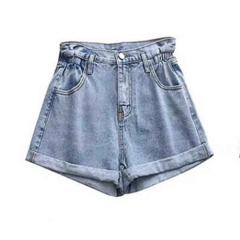 BerryBetty - New Summer High Waist Denim Shorts Women Casual Loose Ladies Fashion Plus Size Elastic Waist Wide Leg Short Jeans Female