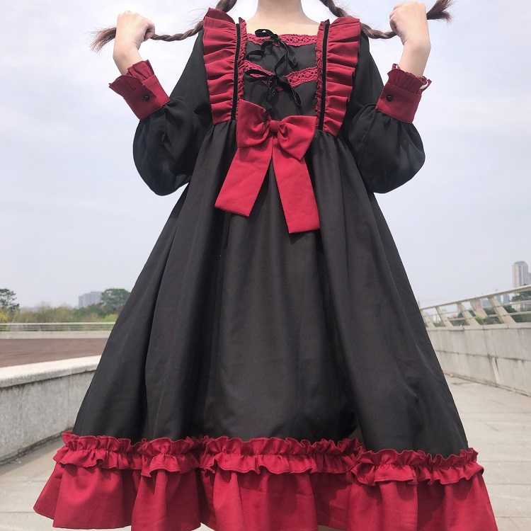 BerryBetty - Japanese Harajuku Gothic Bandage Bow Splice Dress Sweet Lolita Girl Cosplay Dress Kawaii Ruffles Bow Women Party Dress
