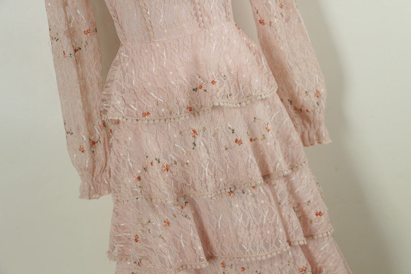 BerryBetty - Pink Lace Embroidery Maxi Dress Female spring Winter Full sleeve high waist Ruffle elegant Long party dresses Woman