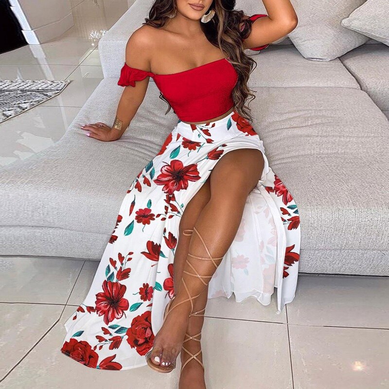 BerryBetty - Off Shoulder Women Two Piece Set Sexy Slash Neck Top and Slit Summer Long Party Dress Suits Spring Floral Print Skirts Sets
