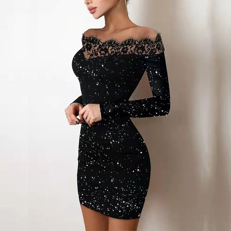 BerryBetty - Spring Off Shoulder Splicing Lace Dress Sexy Slim-Fit Bright Silk Bag Hip Black Dress Fashion Elegant Women New Mini Party Dress