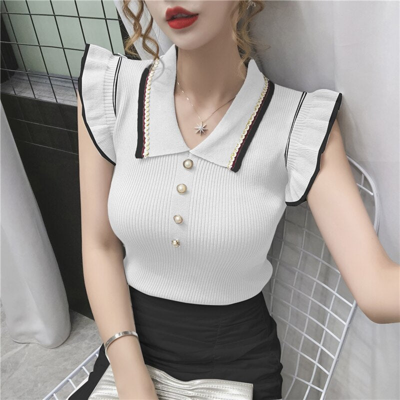 BerryBetty - Womens Fashion Trends Summer Fashion Korean Slim Crop Tops Women Turn-down Collar Knitted T-shirts Sleeveless Ruffles T Shirt Female Tee Shirt Femme