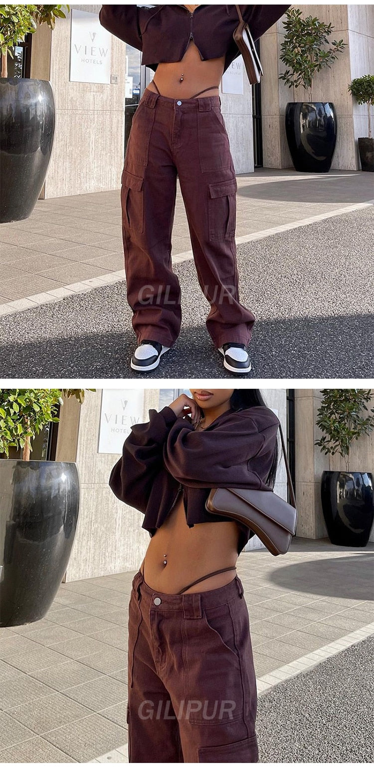BerryBetty - Y2k Cargo Pants Women's Jeans New Fashion Baggy Jeans Denim Overalls 90s Low Rise Pocket Straight Leg Trousers Streetwear