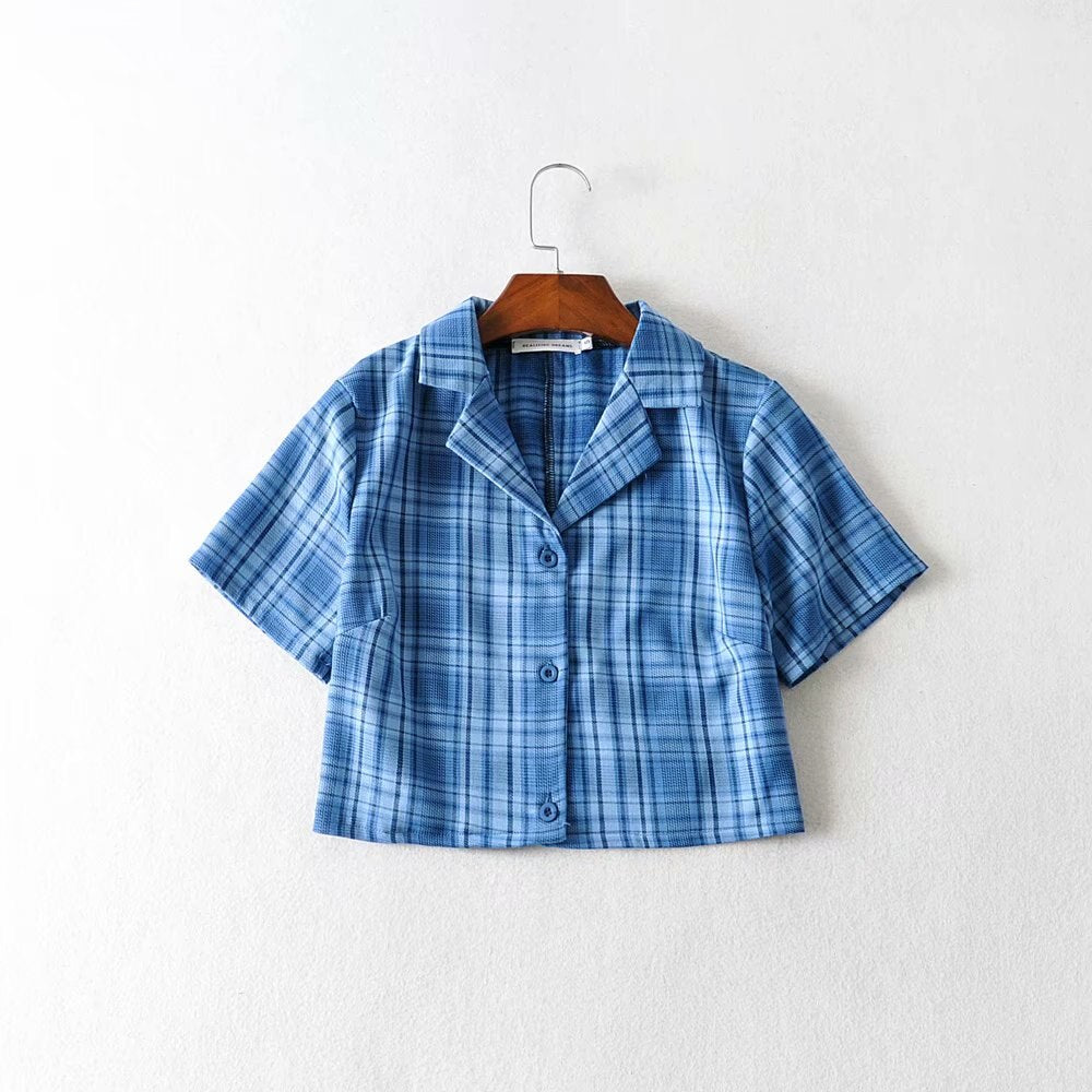 BerryBetty - Summer blouse women vintage crop shirt streetwear plaid ladies tops elegant button up shirt korean crop top red