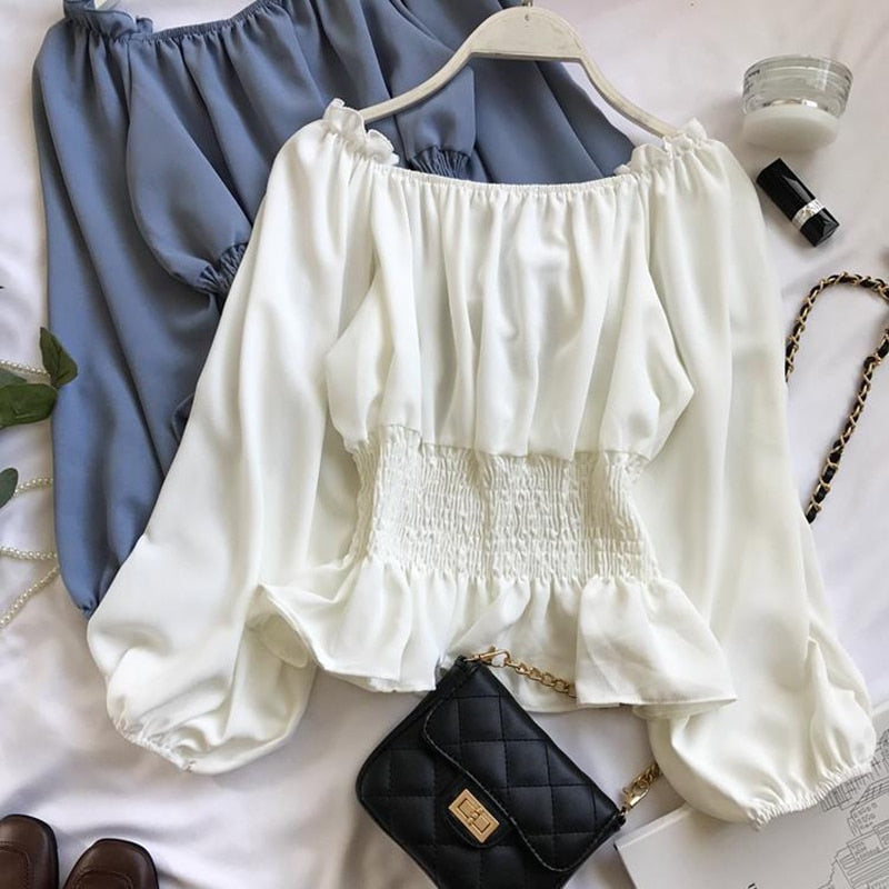 BerryBetty - Youth Elegant Blouse Women Chiffon Fashion Blouse Off Shoulder White Shirt Ruffle Puff Sleeve Top Office wear