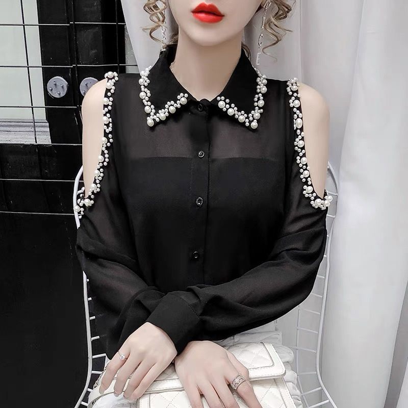 BerryBetty - Beading Women's Elegant Blouse Office Outfits Feminine Shirts Off The Shoulder Long Sleeve Top Korean Fashion Designer New