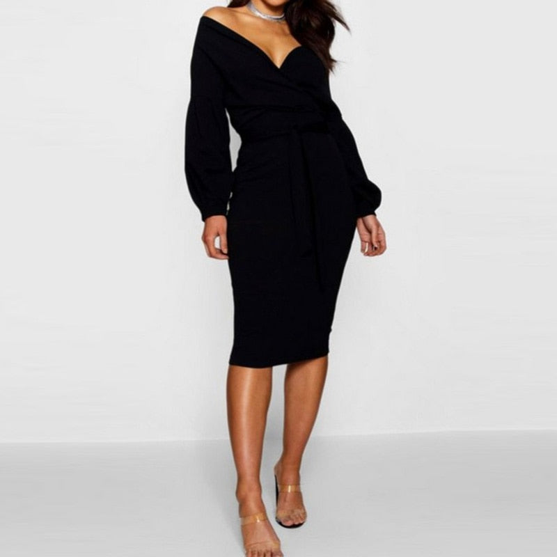 BerryBetty - Spring Sexy Deep V Neck Ladies Bodycon Dress Elegant Women Solid Lantern Sleeve Sashes Party Dress Casual Female Vestidos