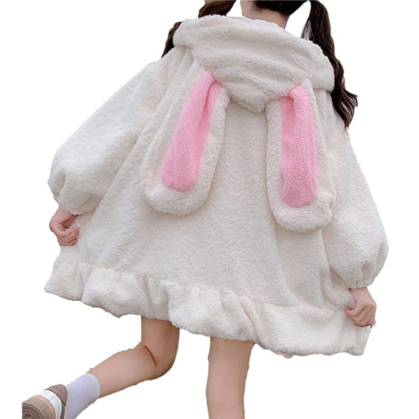 BerryBetty - Rabbit Ears Hoodies Women Zip-up Sweatshirts Coat Long Lantern Sleeve Hooded Lolita Cute Sweet Girls Harajuku Warm Baggy Outfits