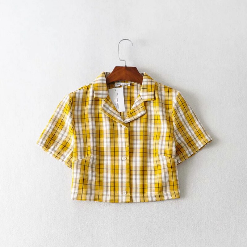 BerryBetty - Summer blouse women vintage crop shirt streetwear plaid ladies tops elegant button up shirt korean crop top red