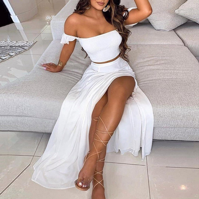 BerryBetty - Off Shoulder Women Two Piece Set Sexy Slash Neck Top and Slit Summer Long Party Dress Suits Spring Floral Print Skirts Sets