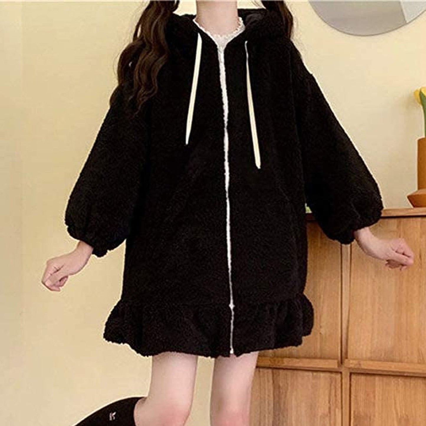 BerryBetty - Rabbit Ears Hoodies Women Zip-up Sweatshirts Coat Long Lantern Sleeve Hooded Lolita Cute Sweet Girls Harajuku Warm Baggy Outfits
