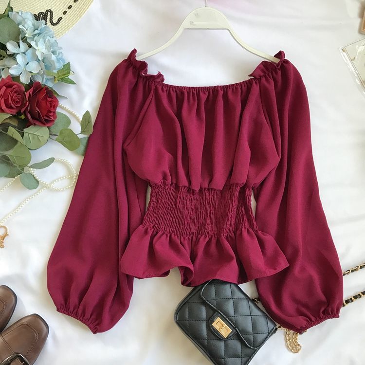 BerryBetty - Youth Elegant Blouse Women Chiffon Fashion Blouse Off Shoulder White Shirt Ruffle Puff Sleeve Top Office wear