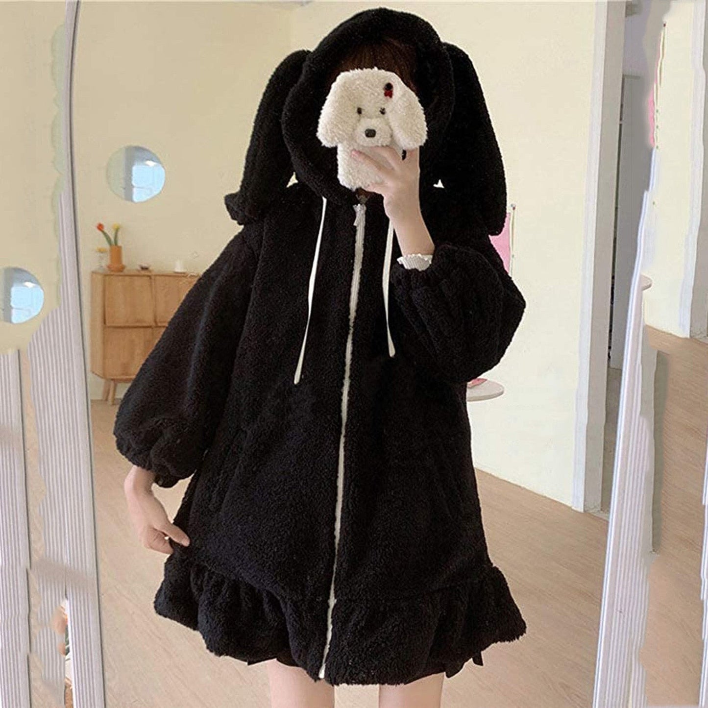 BerryBetty - Rabbit Ears Hoodies Women Zip-up Sweatshirts Coat Long Lantern Sleeve Hooded Lolita Cute Sweet Girls Harajuku Warm Baggy Outfits