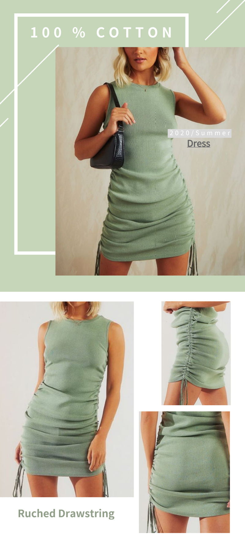 BerryBetty - Cotton Ruched Drawstring Sexy Party Dress Women Sleeveless Elastic Mini Dress Vintage Summer Bodycon Club Wear Vestidos