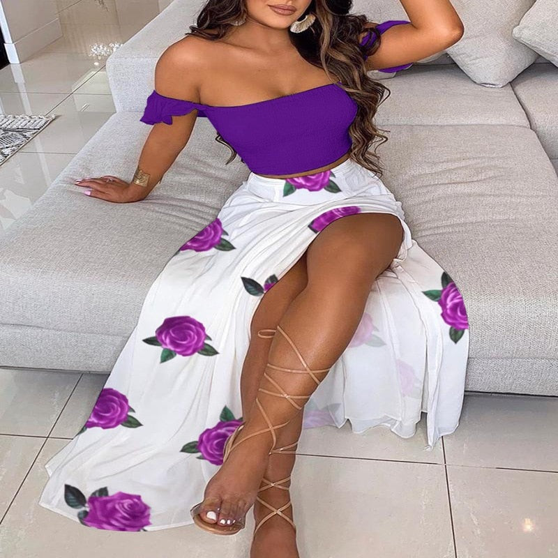 BerryBetty - Off Shoulder Women Two Piece Set Sexy Slash Neck Top and Slit Summer Long Party Dress Suits Spring Floral Print Skirts Sets