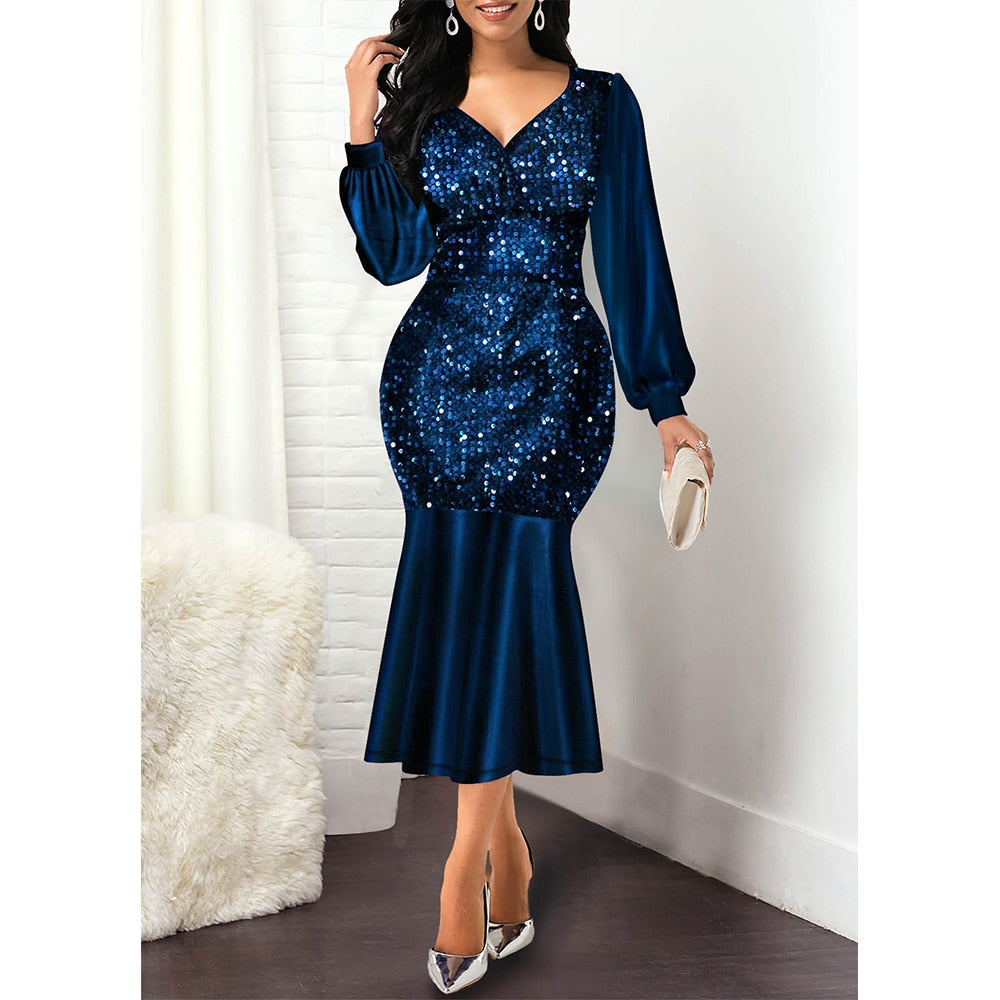 BerryBetty - Women Dress Summer Elegant Sexy V Neck Sequine Evening Wedding Party Dress Plus Size High Waist Bodycon Mermaid Dresses 5XL