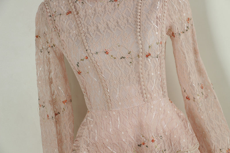 BerryBetty - Pink Lace Embroidery Maxi Dress Female spring Winter Full sleeve high waist Ruffle elegant Long party dresses Woman