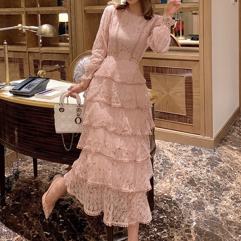 BerryBetty - Pink Lace Embroidery Maxi Dress Female spring Winter Full sleeve high waist Ruffle elegant Long party dresses Woman
