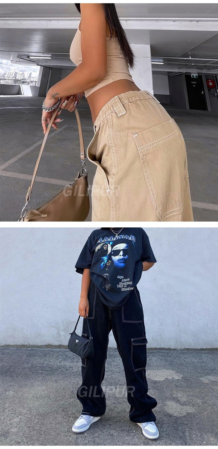 BerryBetty - Y2k Cargo Pants Women's Jeans New Fashion Baggy Jeans Denim Overalls 90s Low Rise Pocket Straight Leg Trousers Streetwear