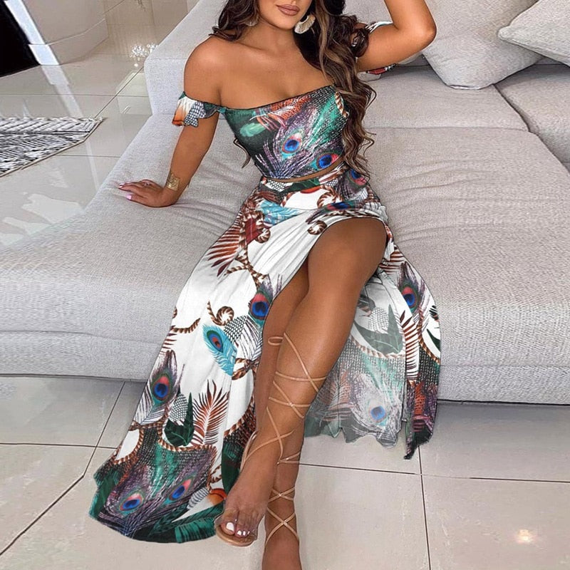 BerryBetty - Off Shoulder Women Two Piece Set Sexy Slash Neck Top and Slit Summer Long Party Dress Suits Spring Floral Print Skirts Sets