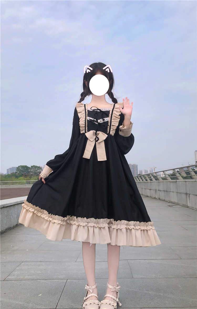 BerryBetty - Japanese Harajuku Gothic Bandage Bow Splice Dress Sweet Lolita Girl Cosplay Dress Kawaii Ruffles Bow Women Party Dress