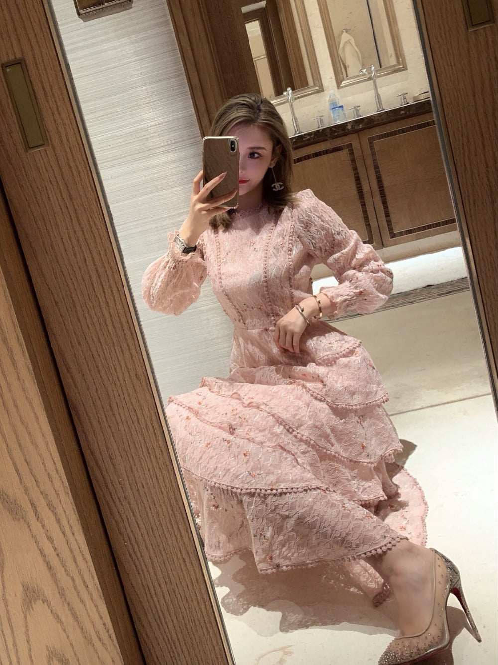 BerryBetty - Pink Lace Embroidery Maxi Dress Female spring Winter Full sleeve high waist Ruffle elegant Long party dresses Woman