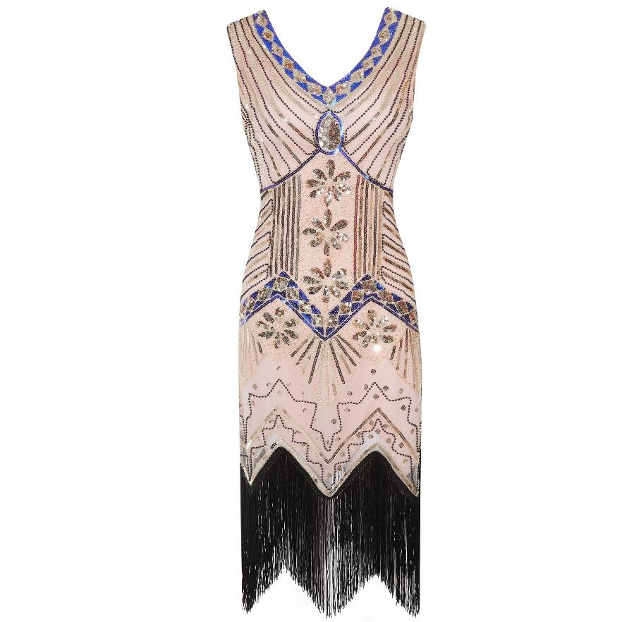 BerryBetty - 1920s Vintage Flapper Great Gatsby Party Dress V-Neck Sleeveless Sequin Beaded style Style Tassel Flapper Vestidos Feminina 1920