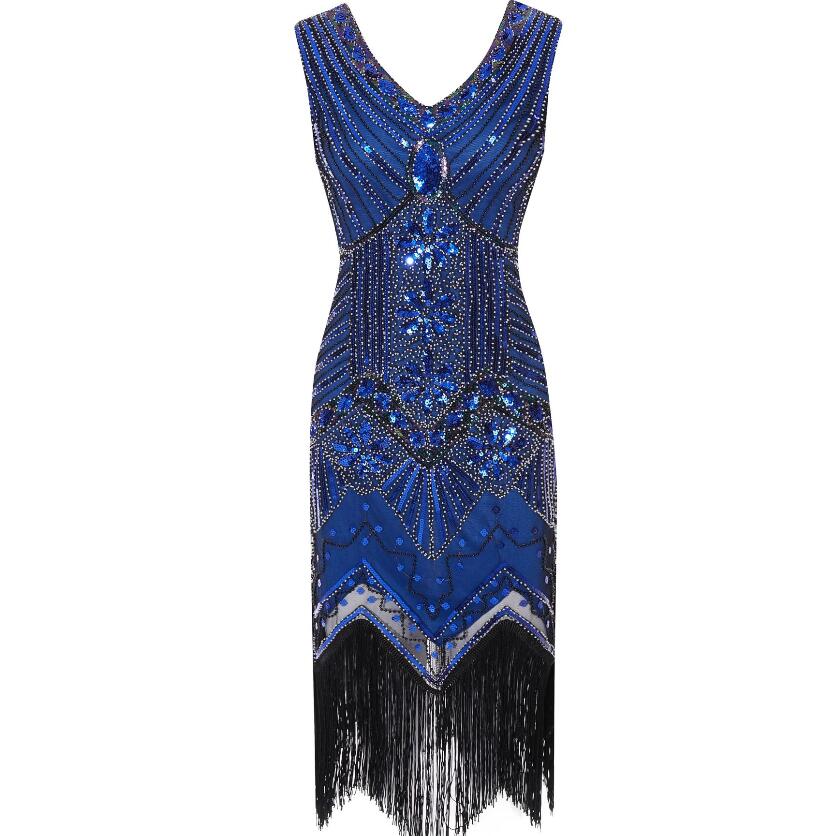 BerryBetty - 1920s Vintage Flapper Great Gatsby Party Dress V-Neck Sleeveless Sequin Beaded style Style Tassel Flapper Vestidos Feminina 1920