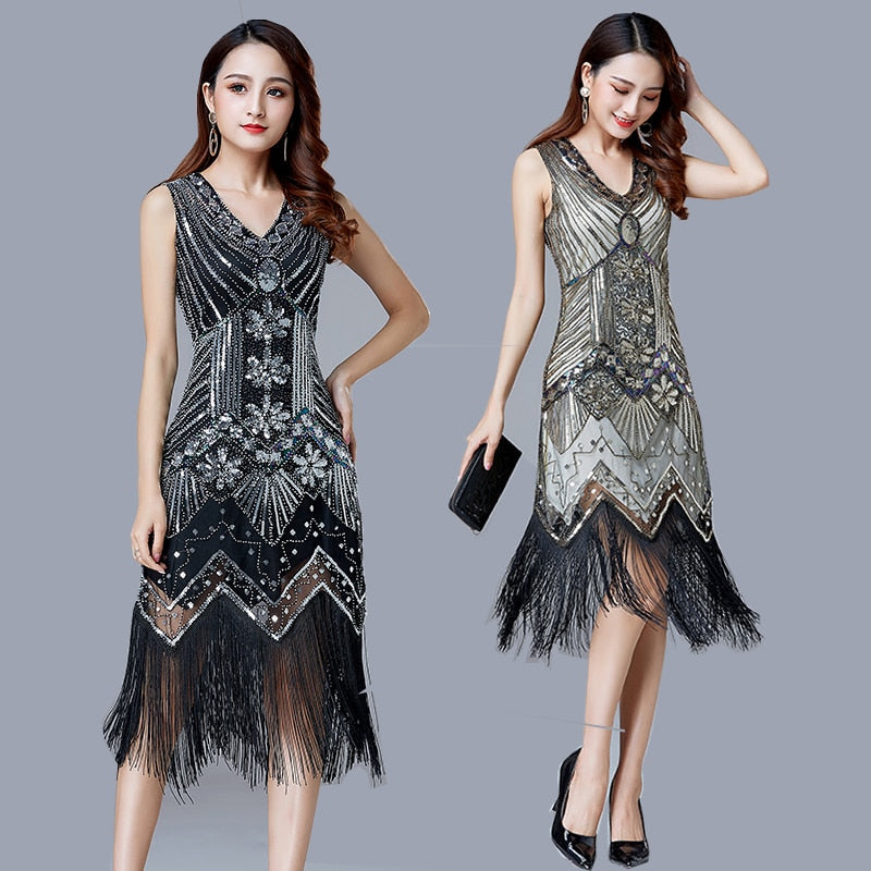 BerryBetty - 1920s Vintage Flapper Great Gatsby Party Dress V-Neck Sleeveless Sequin Beaded style Style Tassel Flapper Vestidos Feminina 1920