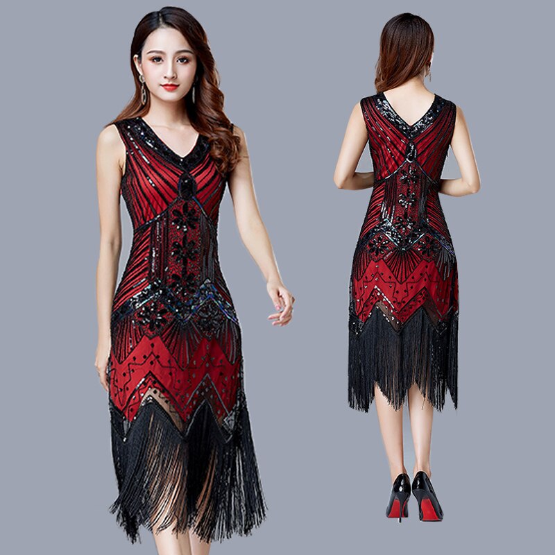 BerryBetty - 1920s Vintage Flapper Great Gatsby Party Dress V-Neck Sleeveless Sequin Beaded style Style Tassel Flapper Vestidos Feminina 1920