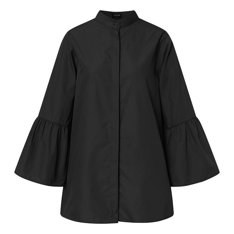 BerryBetty - White Shirts Summer Women Solid Flare Sleeve Shirts Spring Blouse Sexy V Neck Button Up Office Shirt Femininas Blusas