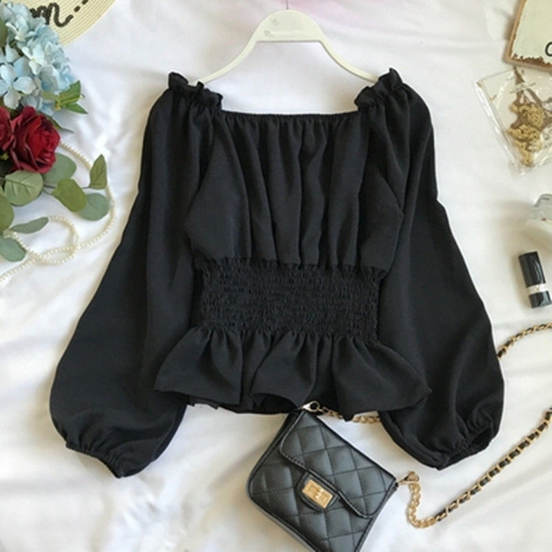 BerryBetty - Youth Elegant Blouse Women Chiffon Fashion Blouse Off Shoulder White Shirt Ruffle Puff Sleeve Top Office wear