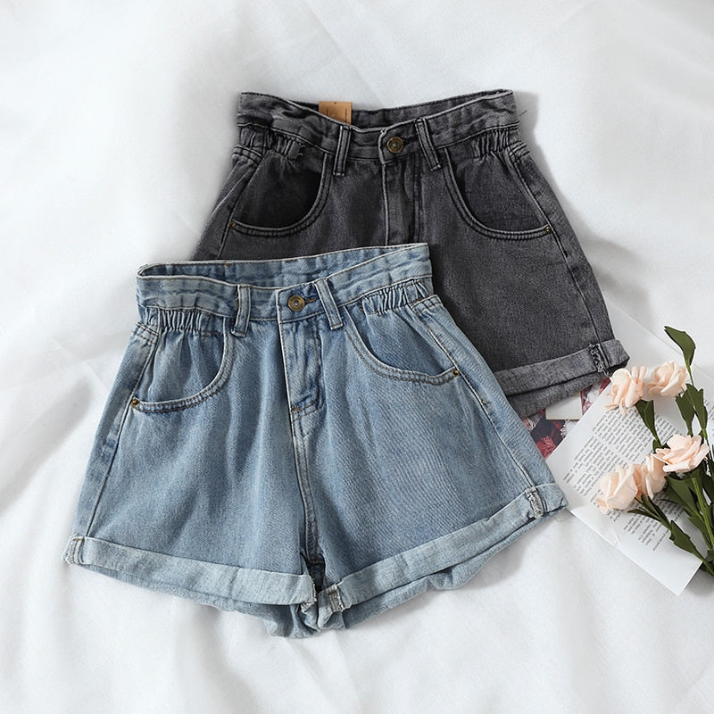 BerryBetty - New Summer High Waist Denim Shorts Women Casual Loose Ladies Fashion Plus Size Elastic Waist Wide Leg Short Jeans Female