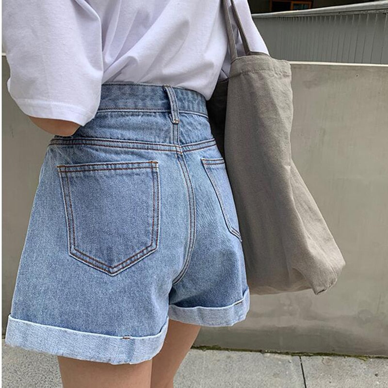 BerryBetty - New Summer High Waist Denim Shorts Women Casual Loose Ladies Fashion Plus Size Elastic Waist Wide Leg Short Jeans Female