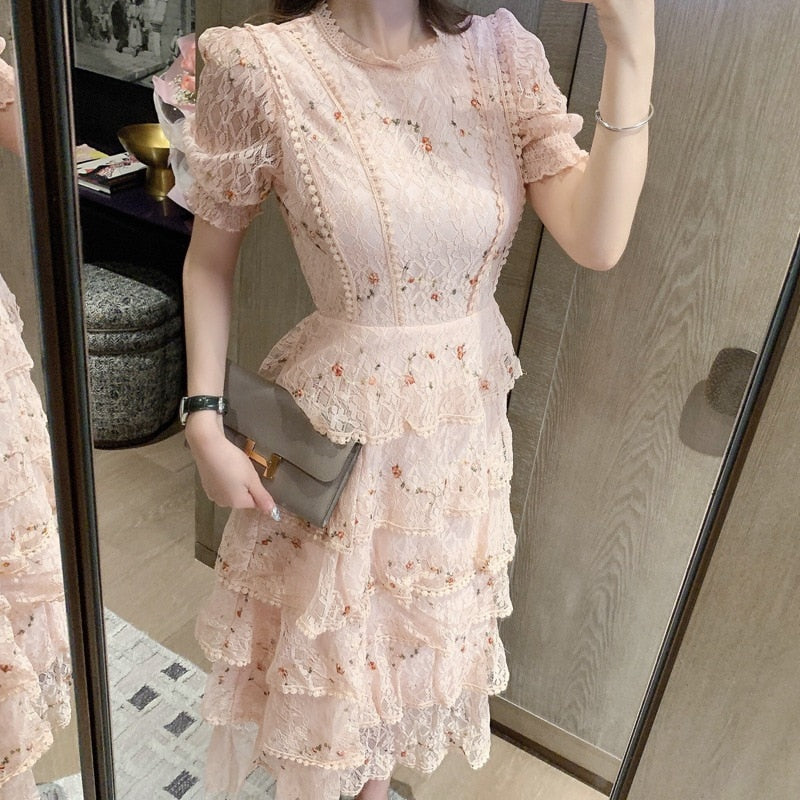 BerryBetty - Pink Lace Embroidery Maxi Dress Female spring Winter Full sleeve high waist Ruffle elegant Long party dresses Woman