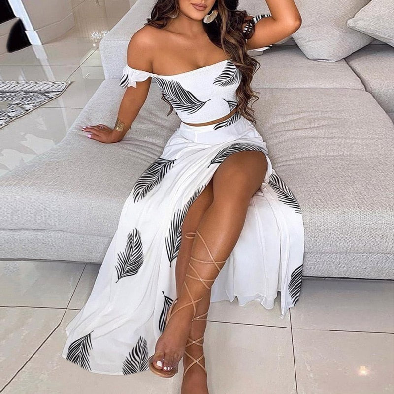 BerryBetty - Off Shoulder Women Two Piece Set Sexy Slash Neck Top and Slit Summer Long Party Dress Suits Spring Floral Print Skirts Sets