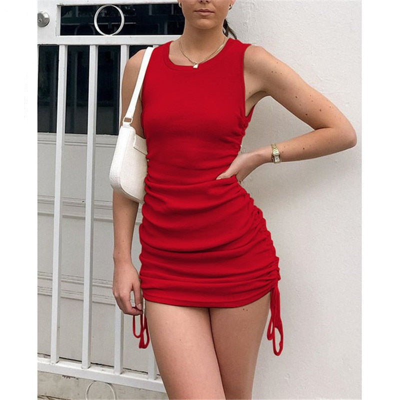 BerryBetty - Cotton Ruched Drawstring Sexy Party Dress Women Sleeveless Elastic Mini Dress Vintage Summer Bodycon Club Wear Vestidos