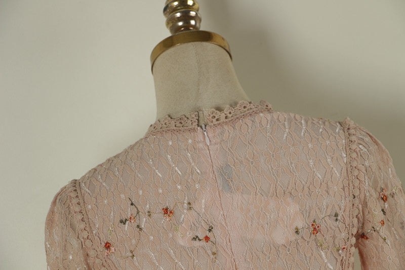 BerryBetty - Pink Lace Embroidery Maxi Dress Female spring Winter Full sleeve high waist Ruffle elegant Long party dresses Woman