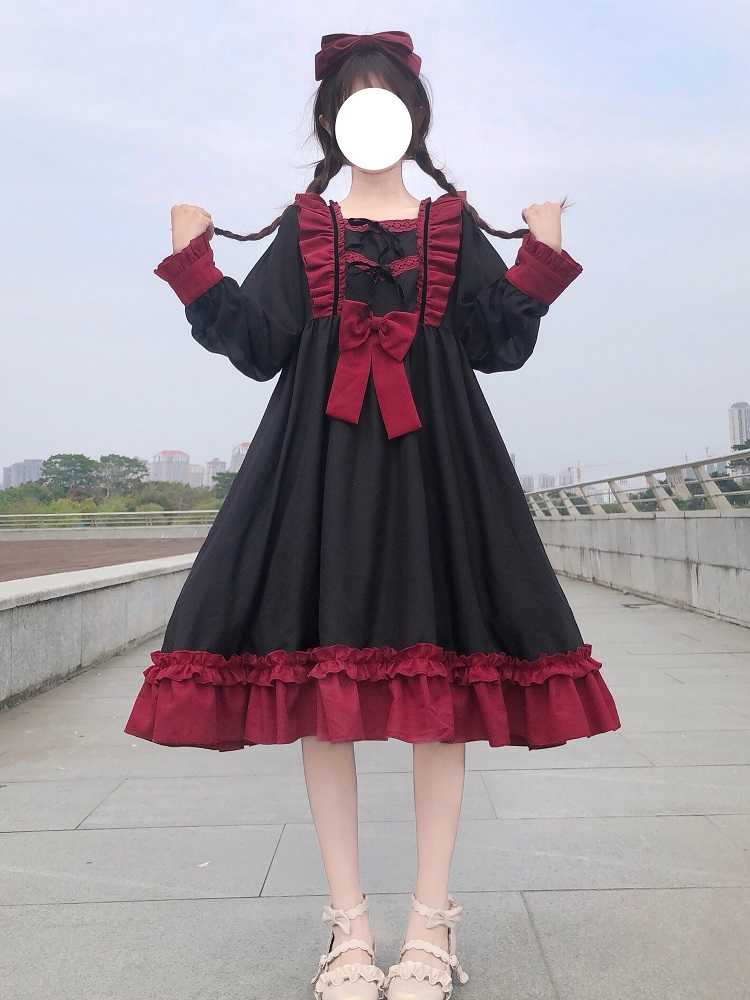 BerryBetty - Japanese Harajuku Gothic Bandage Bow Splice Dress Sweet Lolita Girl Cosplay Dress Kawaii Ruffles Bow Women Party Dress