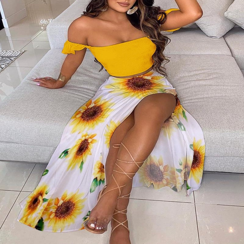 BerryBetty - Off Shoulder Women Two Piece Set Sexy Slash Neck Top and Slit Summer Long Party Dress Suits Spring Floral Print Skirts Sets