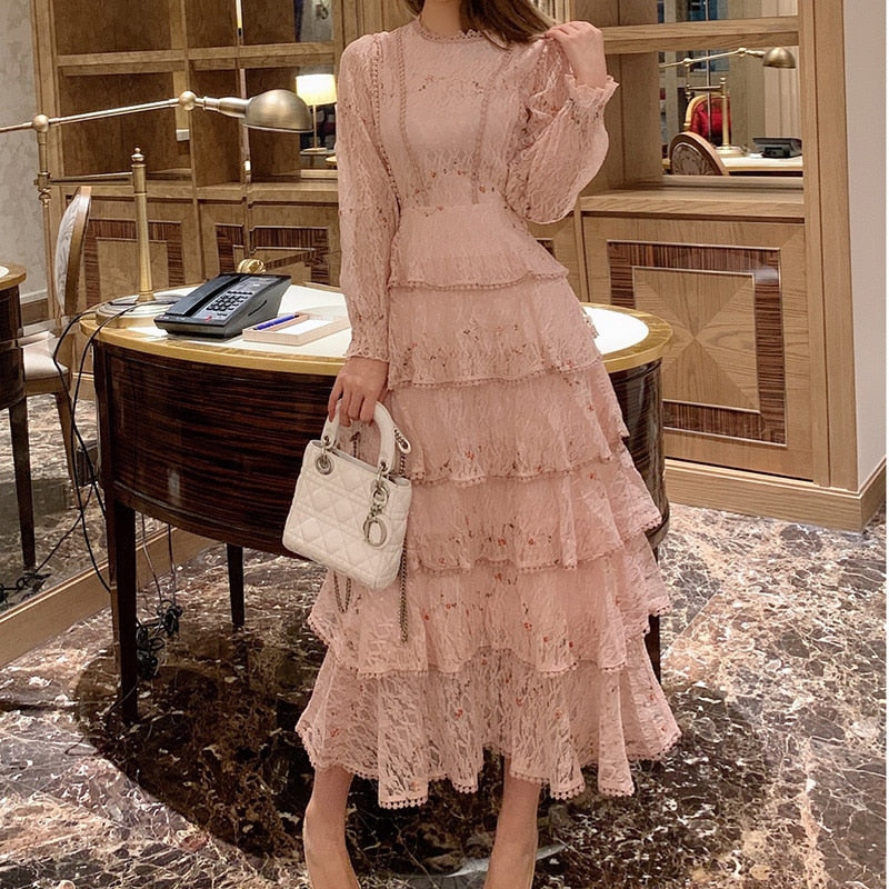 BerryBetty - Pink Lace Embroidery Maxi Dress Female spring Winter Full sleeve high waist Ruffle elegant Long party dresses Woman