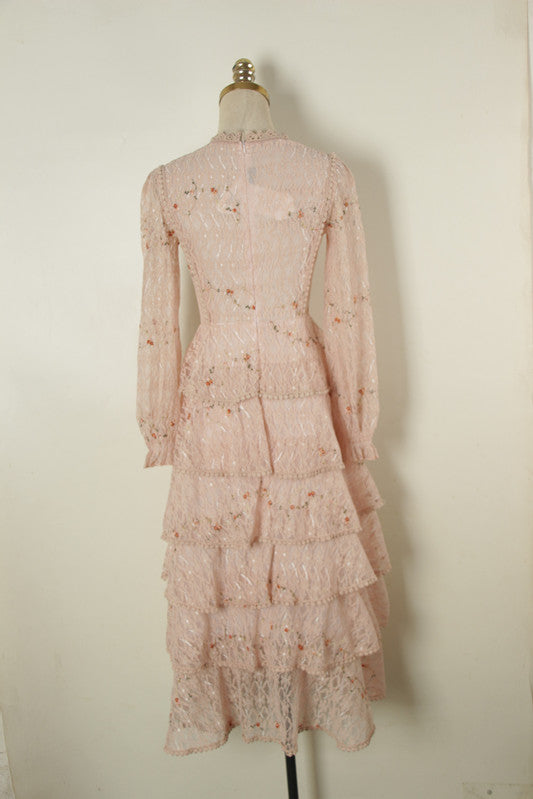 BerryBetty - Pink Lace Embroidery Maxi Dress Female spring Winter Full sleeve high waist Ruffle elegant Long party dresses Woman