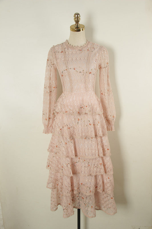 BerryBetty - Pink Lace Embroidery Maxi Dress Female spring Winter Full sleeve high waist Ruffle elegant Long party dresses Woman