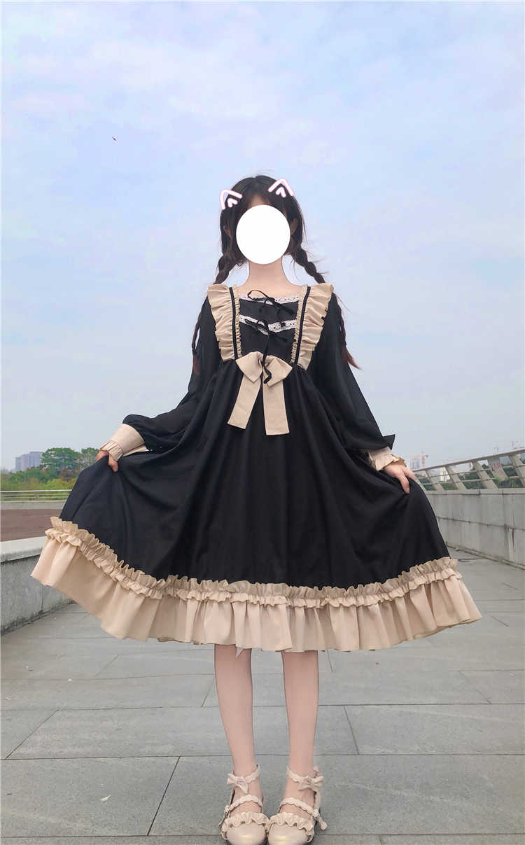 BerryBetty - Japanese Harajuku Gothic Bandage Bow Splice Dress Sweet Lolita Girl Cosplay Dress Kawaii Ruffles Bow Women Party Dress