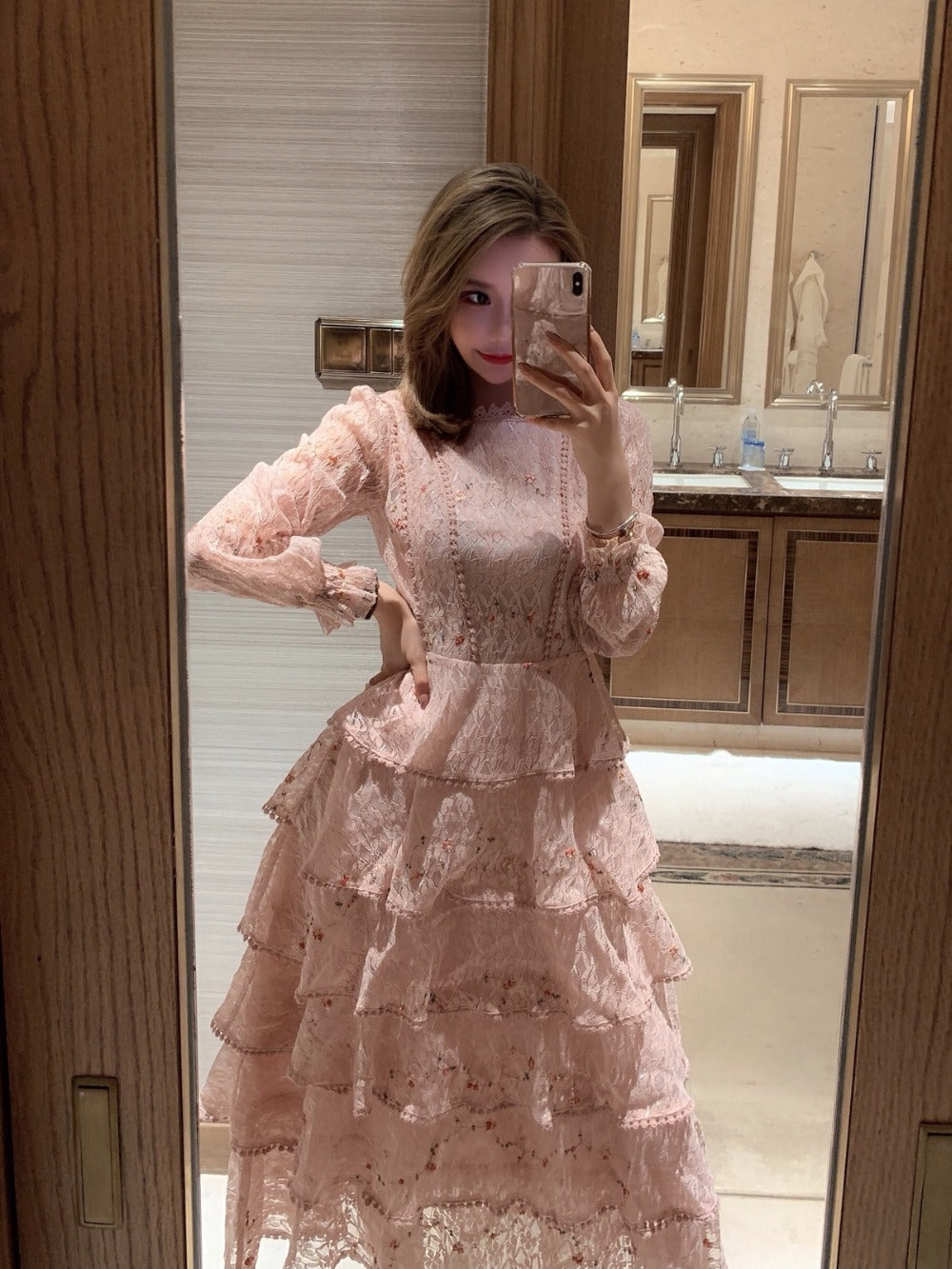 BerryBetty - Pink Lace Embroidery Maxi Dress Female spring Winter Full sleeve high waist Ruffle elegant Long party dresses Woman