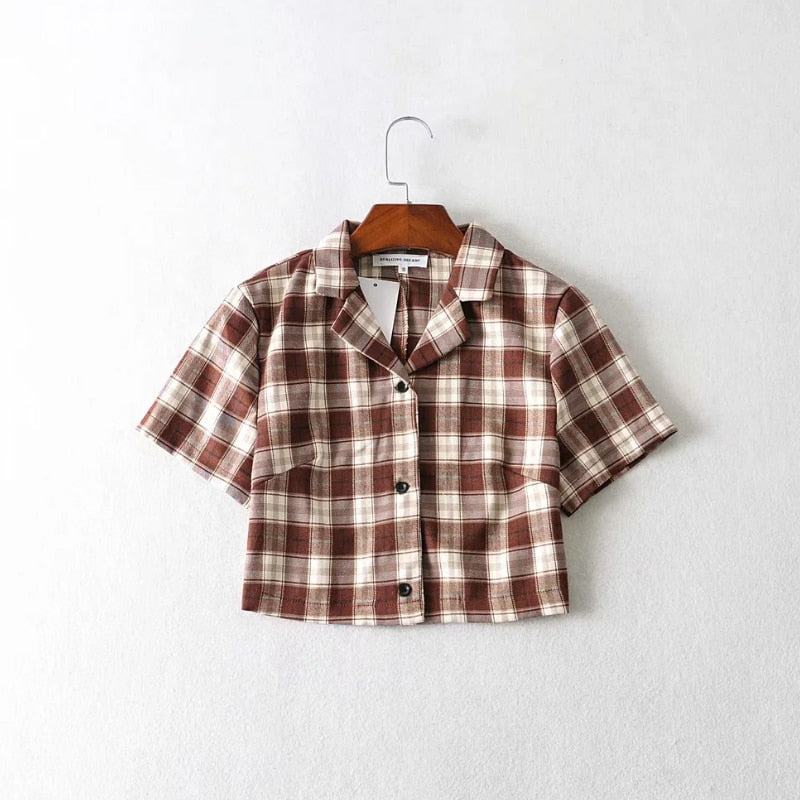BerryBetty - Summer blouse women vintage crop shirt streetwear plaid ladies tops elegant button up shirt korean crop top red