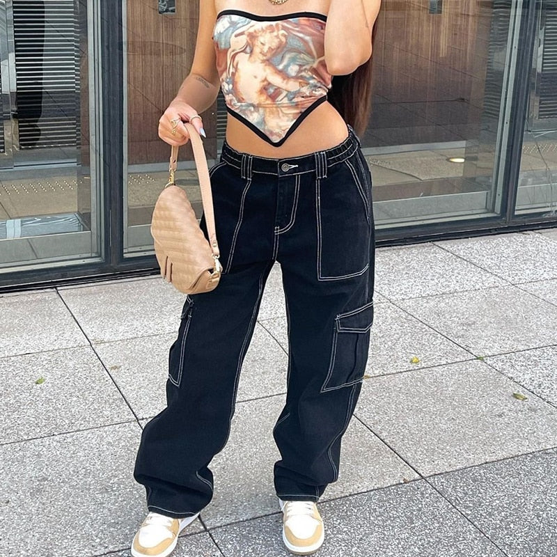 BerryBetty - Y2k Cargo Pants Women's Jeans New Fashion Baggy Jeans Denim Overalls 90s Low Rise Pocket Straight Leg Trousers Streetwear