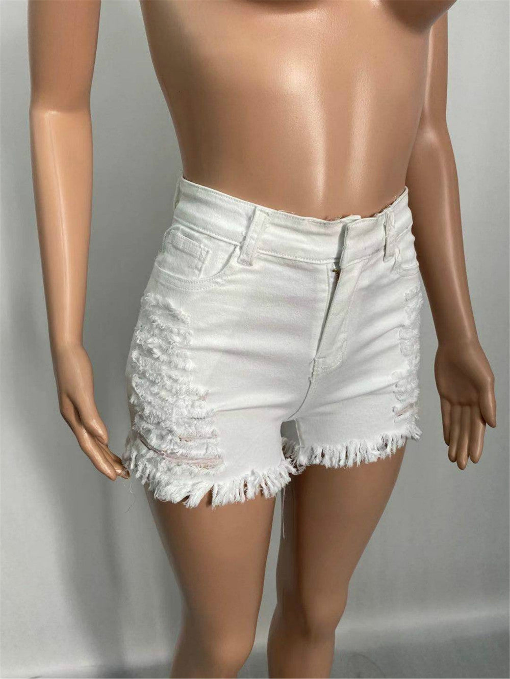 BerryBetty - New Summer Ripped Hole Hollow Out Jeans For Women High Waist Sexy Tassels Cut Open Button Slim Denim Shorts Pants